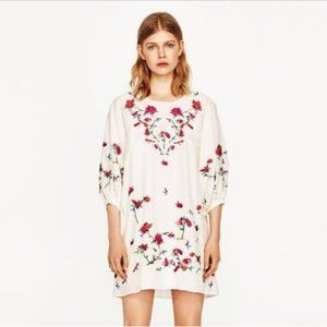 ZARA Embroidered Parrot Floral Silk Cotton Blend Puffy Sleeve Shirt Mini Dress